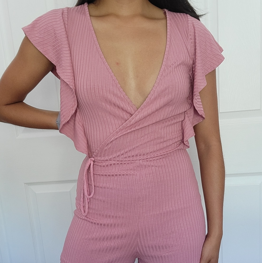 Pink Deep V Ribbed Romper